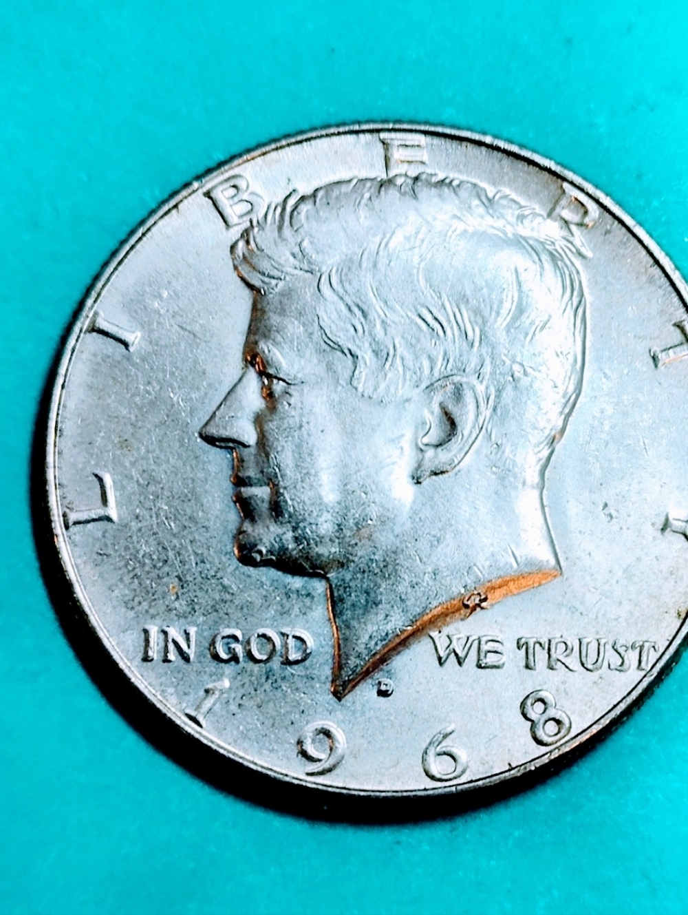 1968-D 40% Silver Kennedy Half Dollar Coin In Very Good Circulated Condition.